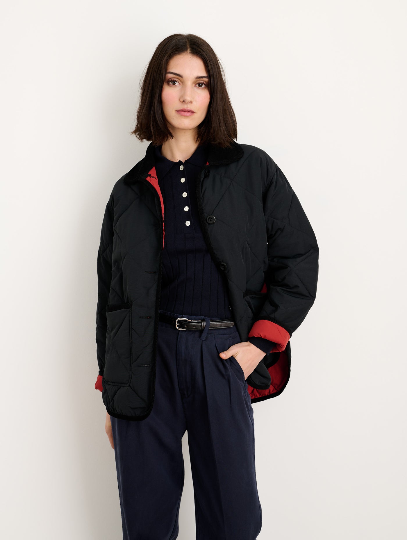 Women's padded jacket in dark blue nylon and black cotton corduroy